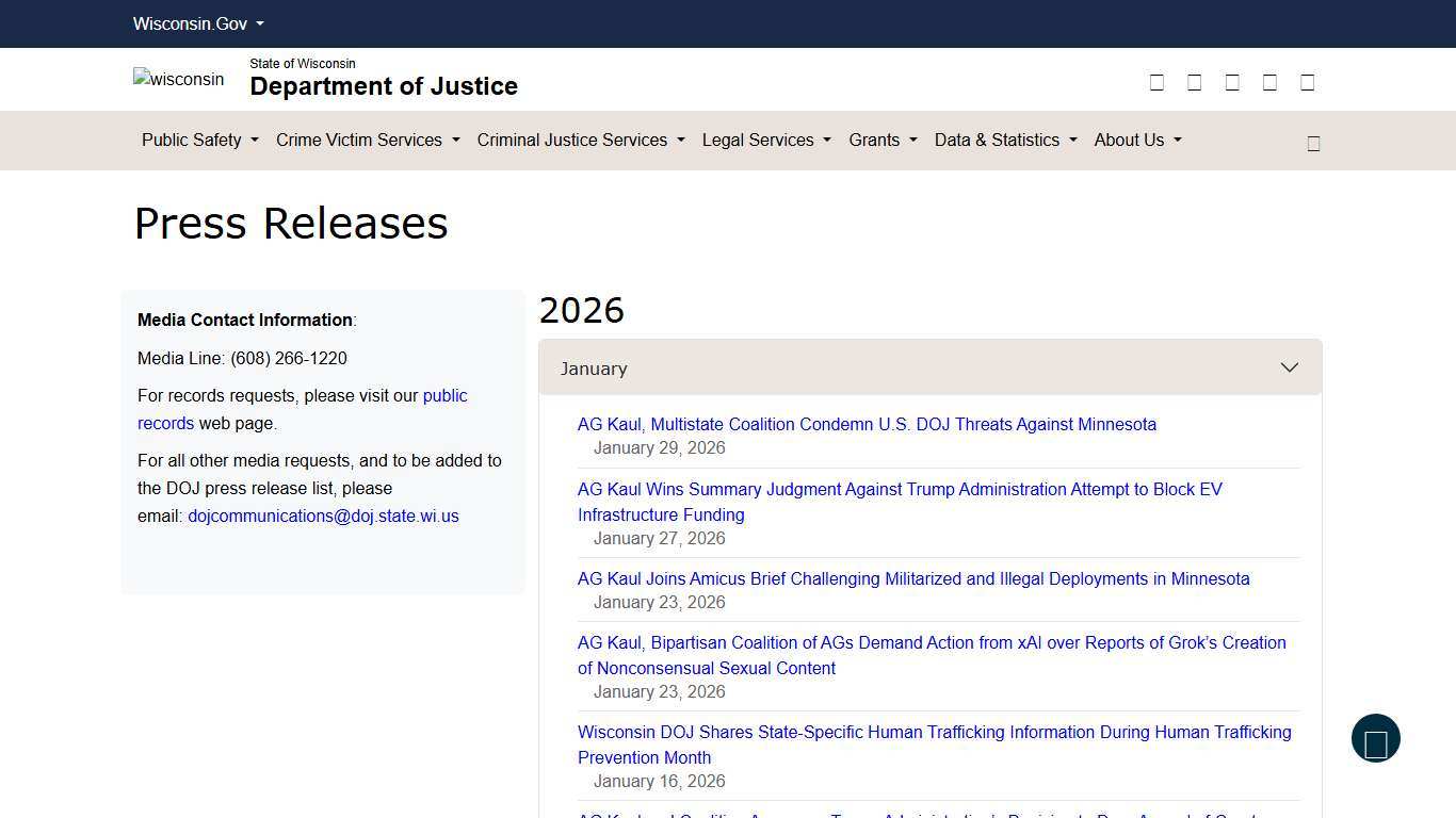 Wisconsin Department of Justice Press Releases